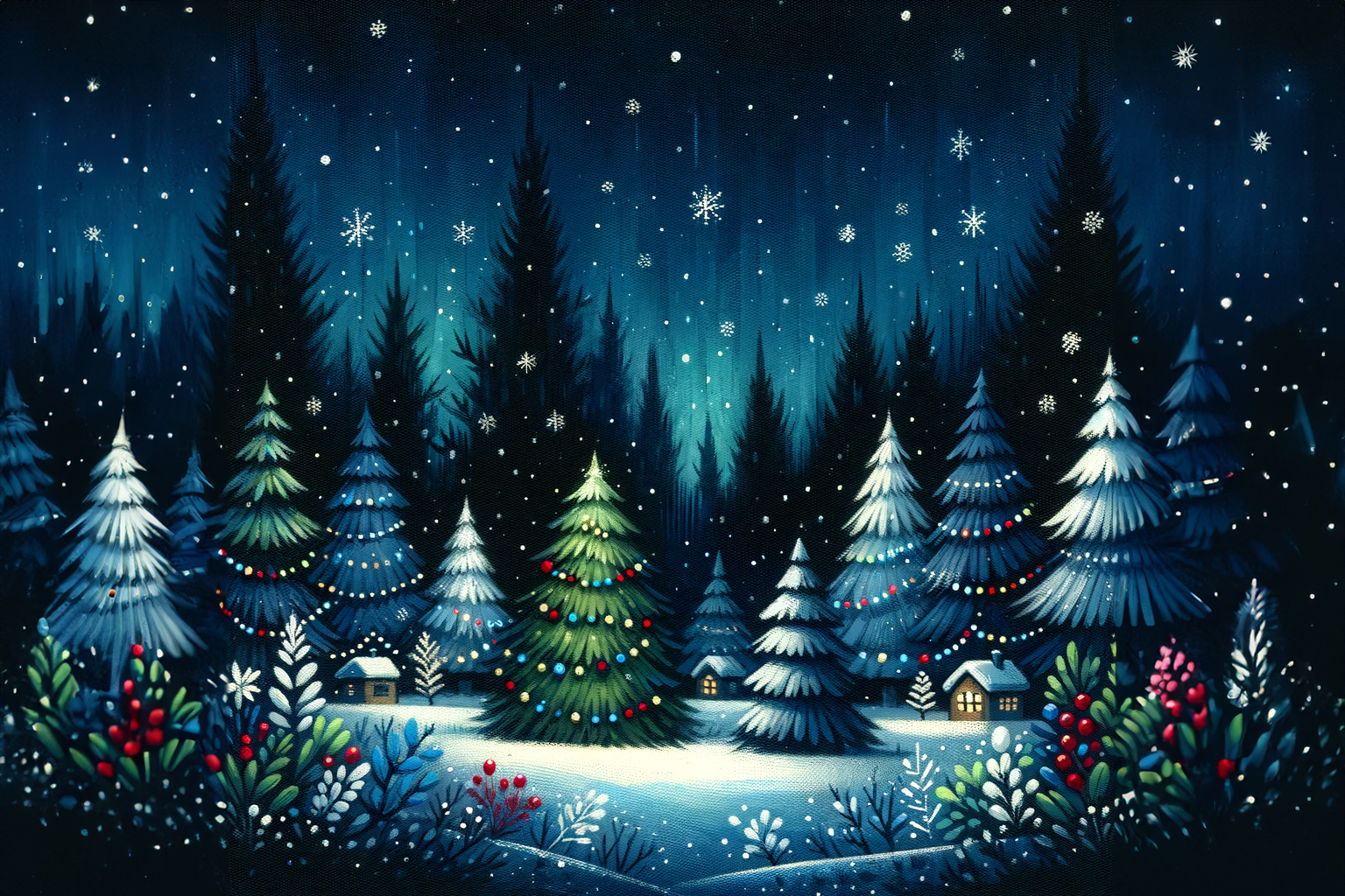 눈이 내리고 있는 마을 배경 사진, 크리스마스 트리들에 여러 장식들이 달려있다.